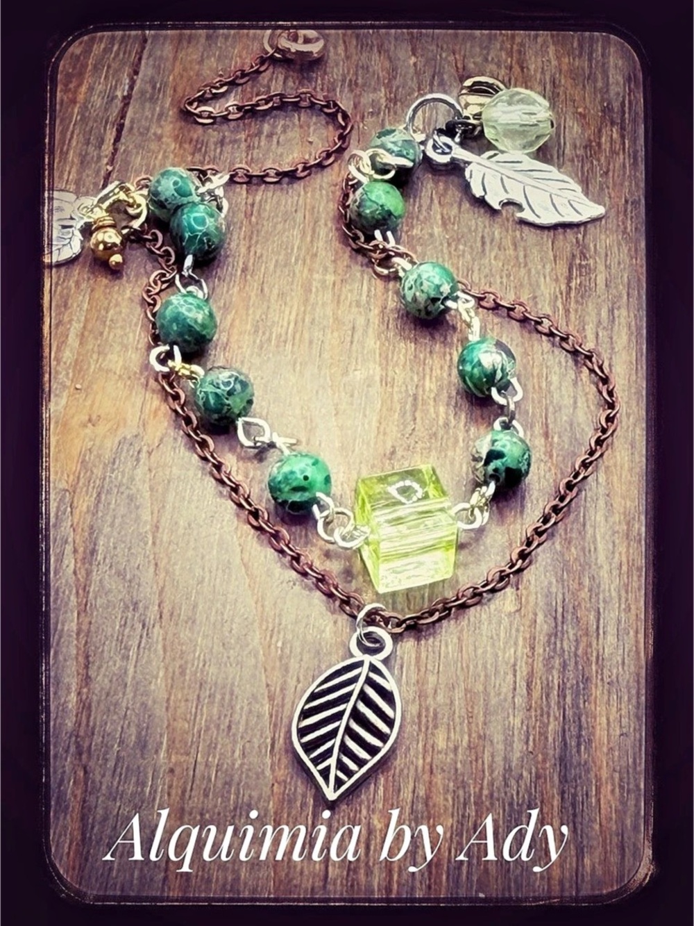 Layered Beaded Leaf Pendant bracelet in Green turquoise & Copper